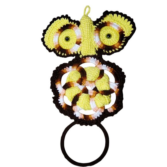 Vintage Crochet Yellow Brown 70s Owl Wall Hanging Towel Holder Boho Towel Ring - Picture 1 of 3